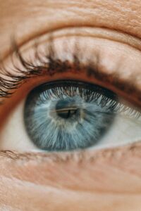 Macro shot of a human blue eye showcasing intricate iris patterns and lashes.